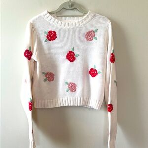 Jessica Simpson Floral Knit Sweater Women L  Cream Red and Pink Flowers Cropped